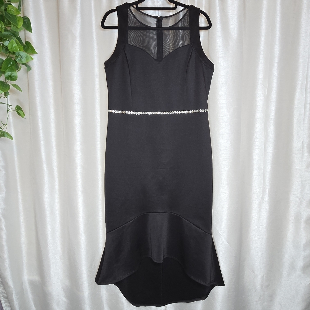Alexa B Nites Black Sleeveless Sheath Ruffle Dress Mesh Rhrinestones Formal 14W